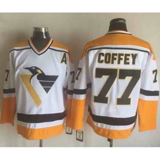 Penguins #77 Paul Coffey WhiteYellow CCM Throwback Stitched NHL Jersey